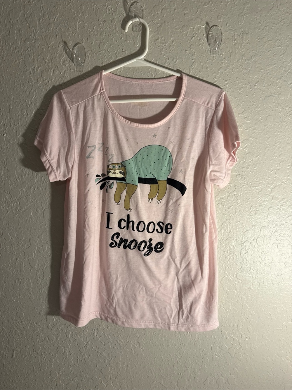 Bobbie Brooks Light Pink Short Sleeve Tee with Sleeping Sloth Graphic